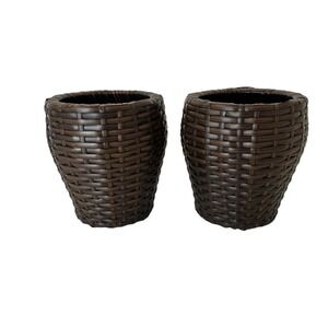 Resin Wicker Weave Flower Pot Set of 2 Small Planters 6” Brown Rattan